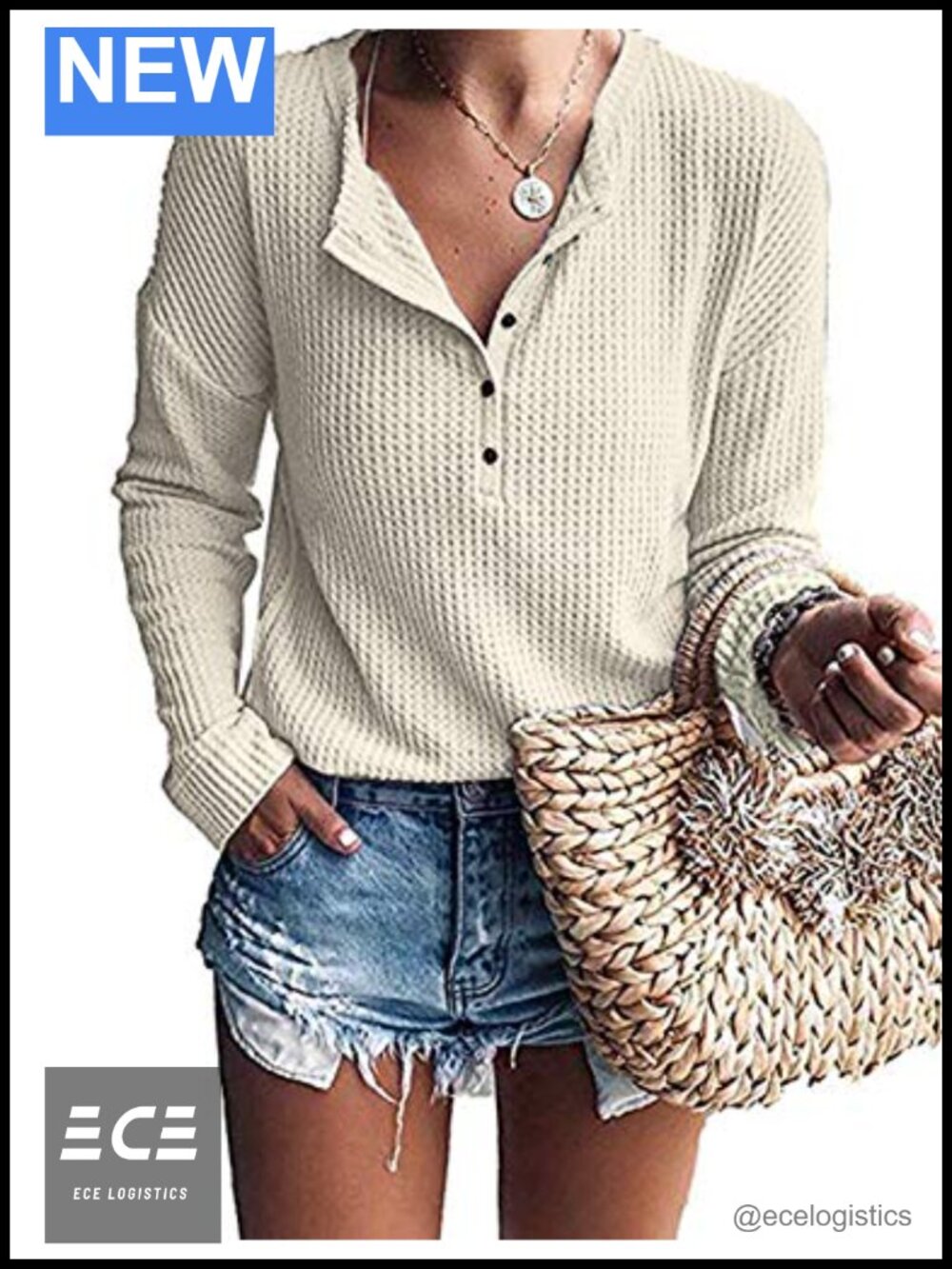 Waffle Knit Henley Tunic Top Long Sleeve Loose Fit Womens Pullover
